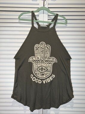 Olive Green 'Good Vibes' Graphic Tank Top